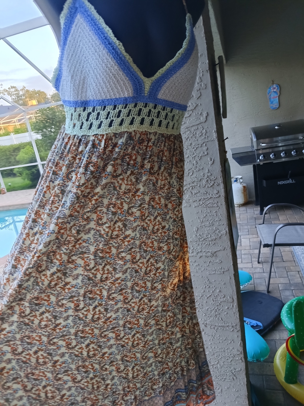 Boho Crochet Top Maxi Dress in White, Blue & Orange